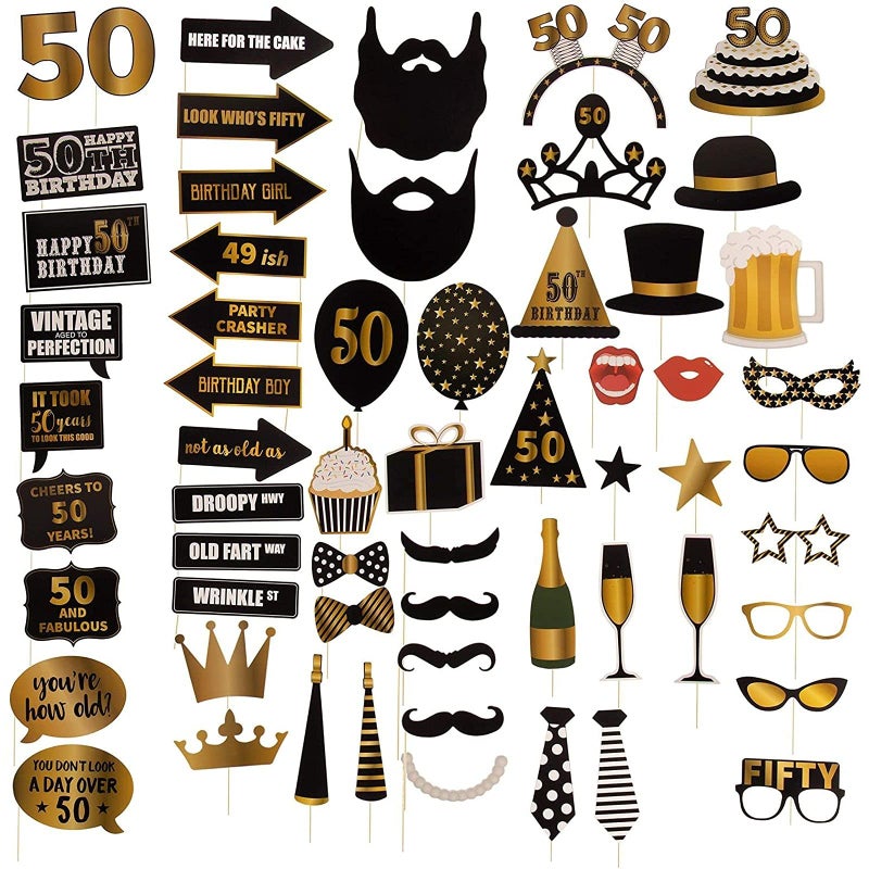 Blue Panda 50th Birthday Props for Women - 60-Pack Black & Gold Cardstock - Selfie Photo Booth Props for 50th Birthday - Image 1